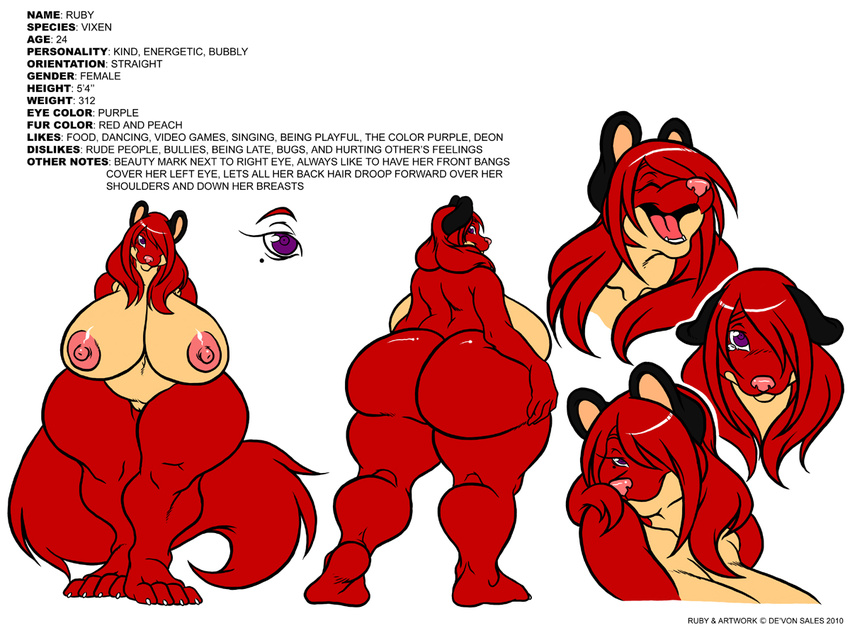 anthro beauty_mark big_breasts big_butt breasts butt canine deonwolf fat female fox hair hair_over_eye huge_breasts huge_butt hyper hyper_breasts long_hair long_red_hair looking_at_viewer mammal model_sheet nipples nude overweight plain_background purple_eyes red_hair ruby ruby_(deonwolf) tail white_background wide_hips
