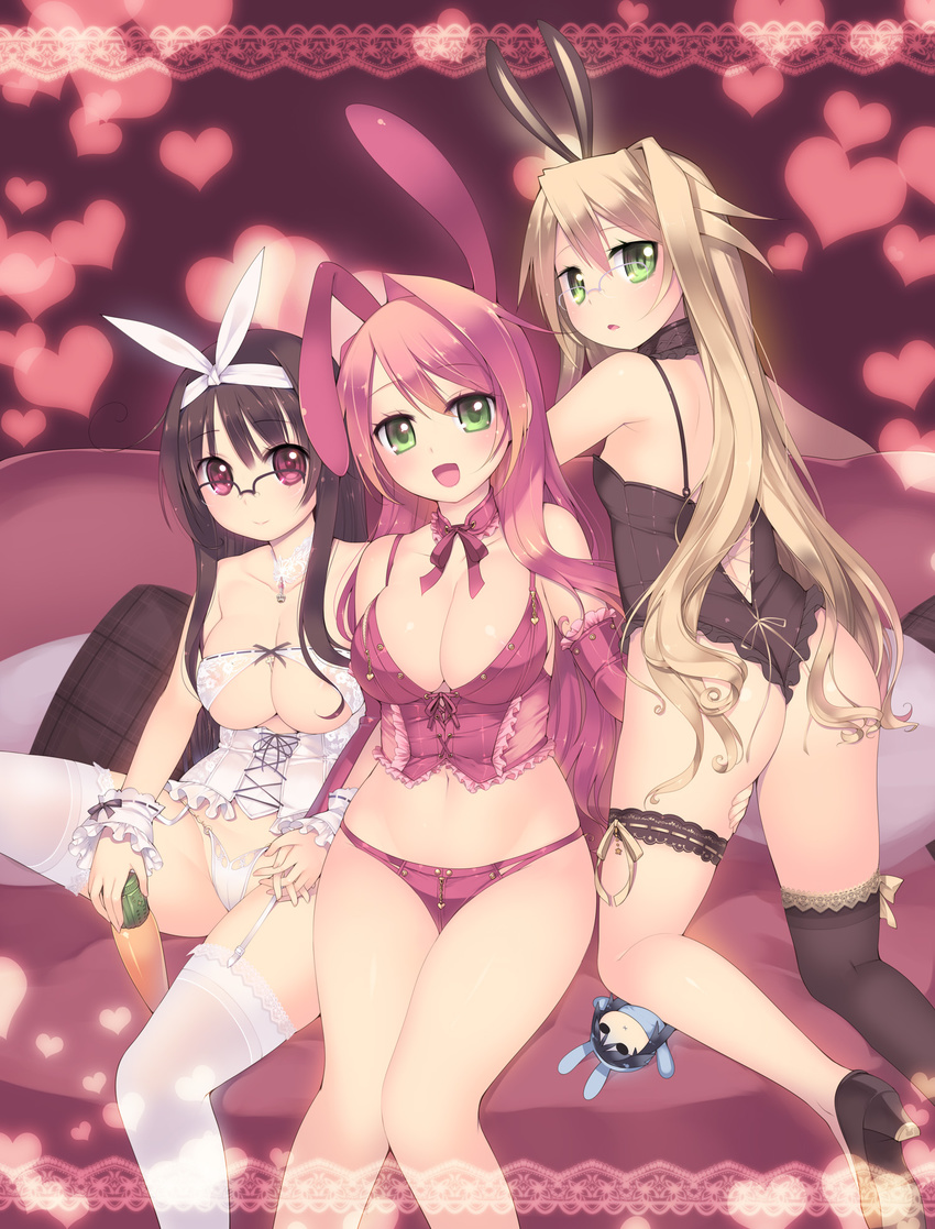 akeome animal_ears areolae arima_kanae arima_senka arima_senne ass bare_shoulders black_legwear blonde_hair blush bow breast_zipper breasts brown_hair bunny_ears bunny_girl carrot choker cleavage corset couch cross crotch_zipper elbow_gloves fake_animal_ears frills garter_belt garters glasses gloves green_eyes hairband hand_on_thigh happy_new_year heart high_heels highres holding_hands jewelry kashiwamochi_yomogi kneeling kotoyoro large_breasts lingerie long_hair looking_back mobu_yuri mother_and_daughter multiple_girls navel necklace new_year open_mouth original panties pillow pink_hair red_eyes red_hair ribbon sex_toy shoes siblings single_thighhigh sisters sitting smile thighhighs underwear vibrator white_legwear white_panties wrist_cuffs zipper