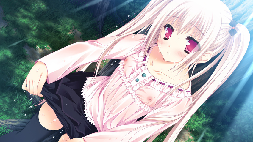 1girl game_cg hello,good-bye nipples outdoors red_eyes see-through skirt solo thighhighs wet white_hair