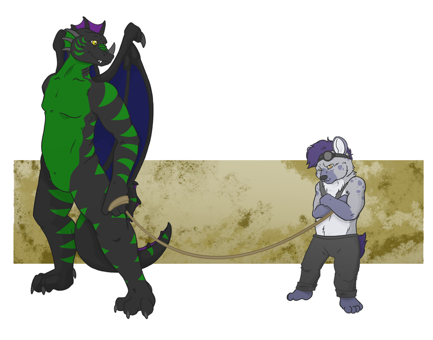 couple crome crossed_arms cub dragon goggles hyena leash male preyfar scalie unknown_artist wings