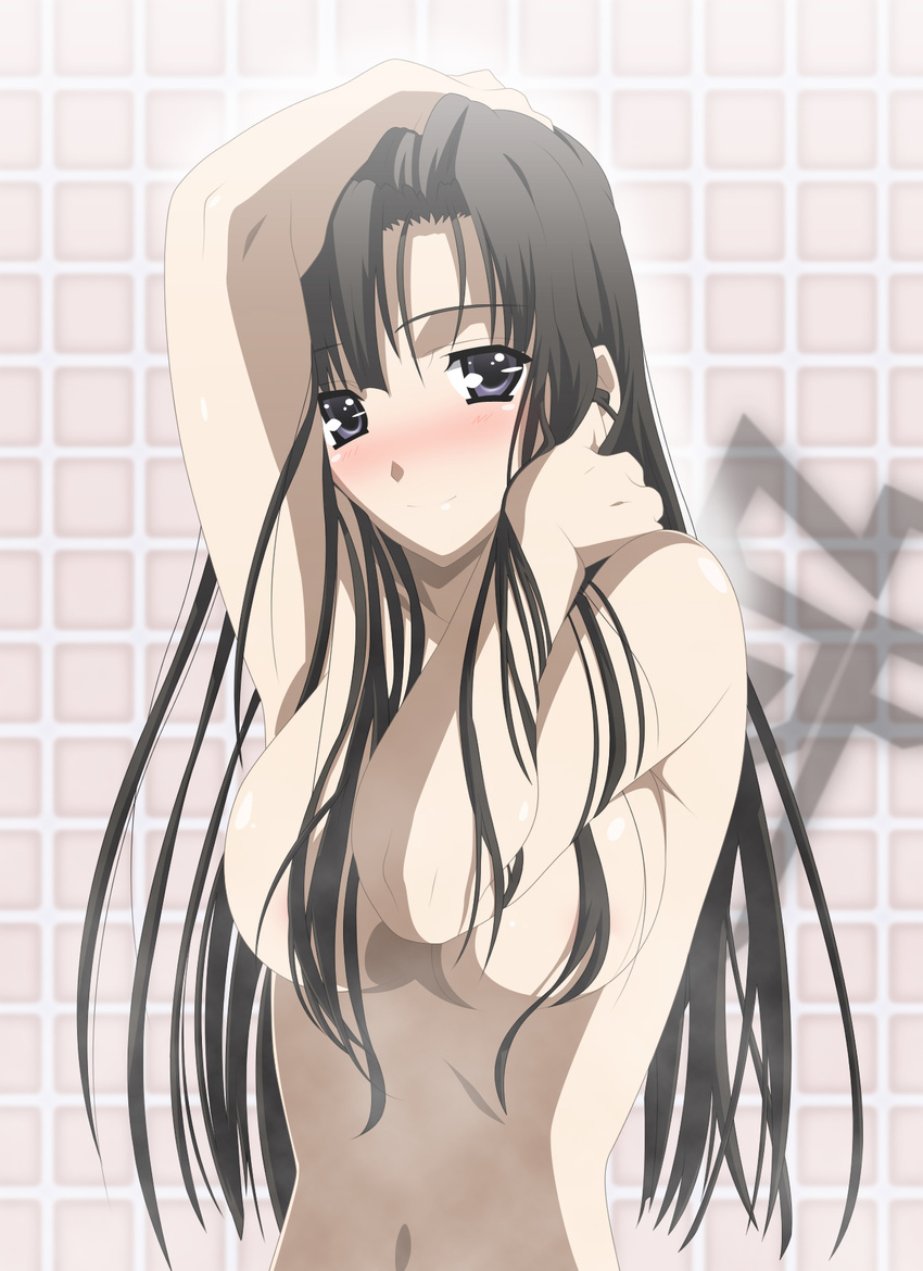 adjusting_hair black_hair blue_eyes blush breasts censored convenient_censoring face highres large_breasts long_hair nude saionji_youko school_days showering smile solo