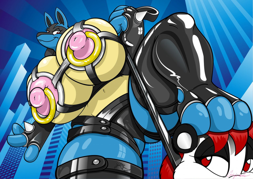 2010 anna_(anjuneko) breasts female herm hyper hyper_breasts intersex lovie_(anjuneko) lucario nintendo nipple_piercing nipple_ring nipples nude panda piercing pok&eacute;mon pok&eacute;morph red_eyes red_hair video_games yiffer