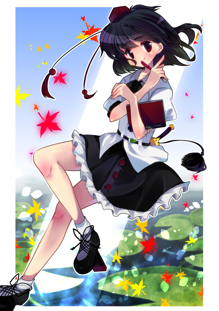 absurdres amo bad_id bad_pixiv_id black_hair blush geta hat highres leaf looking_at_viewer maple_leaf notebook red_eyes shameimaru_aya short_hair skirt smile solo tassel tengu-geta tokin_hat touhou