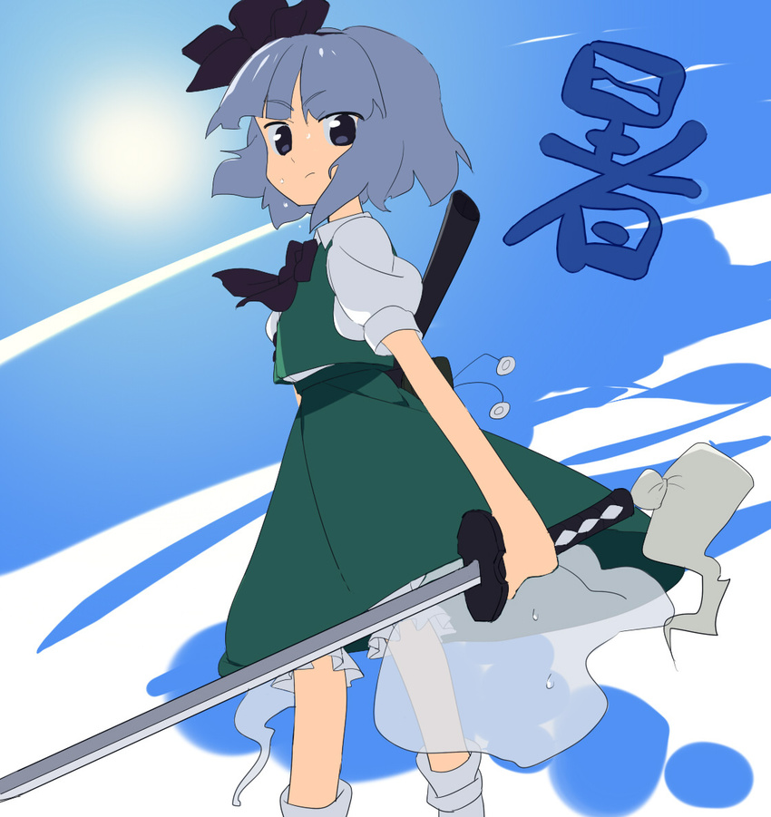 bad_id bad_pixiv_id konpaku_youmu konpaku_youmu_(ghost) maronii solo sun sweat sword touhou weapon