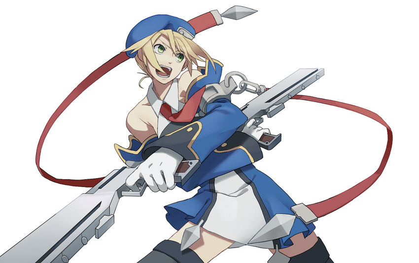 bad_id bad_pixiv_id beret blazblue blonde_hair bolverk dual_wielding green_eyes gun handgun hat holding kz-kura noel_vermillion solo thighhighs uniform weapon