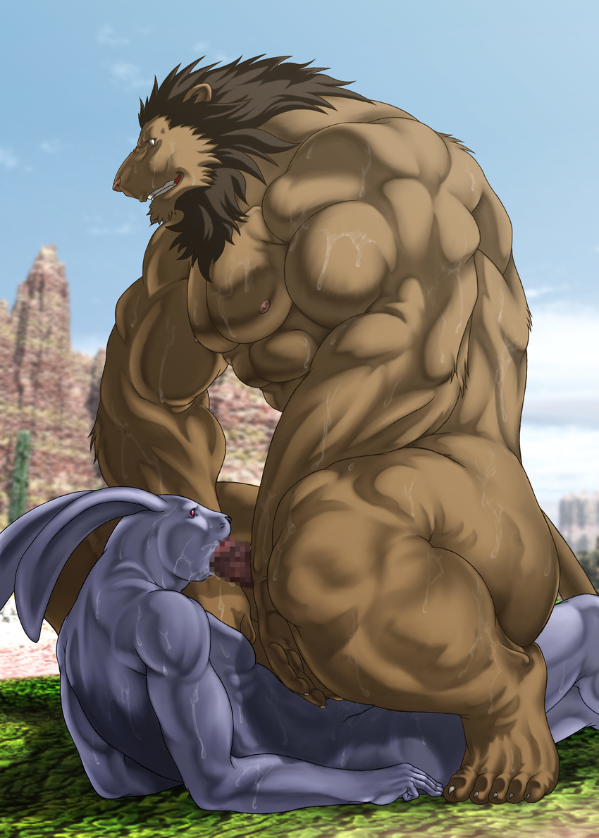 anal anal_penetration anthro biceps big_muscles bomb_(artist) censored cowgirl_position cum feline fellatio gay hi_res hyper hyper_muscles lagomorph lion male mammal muscles nude on_top oral oral_sex penetration penis rabbit sex size_difference straddling sweat wet