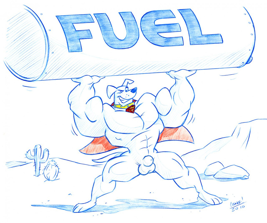 abs anthro armpits balls biceps big_muscles black_nose canine cape cooner desert dog krypto krypto_the_superdog lifting male mammal muscles pecs penis plain_background sheath solo standing white_background