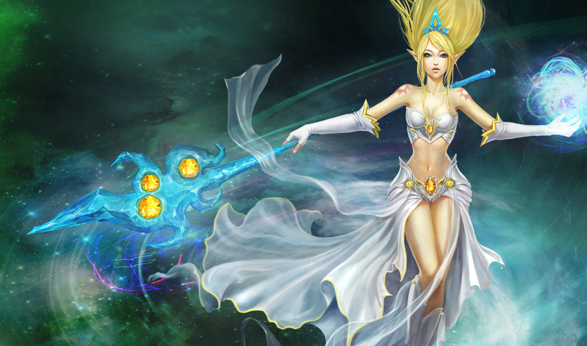 blonde_hair breasts bustier cleavage elbow_gloves fingerless_gloves gloves janna_windforce league_of_legends medium_breasts midriff navel official_art pointy_ears staff