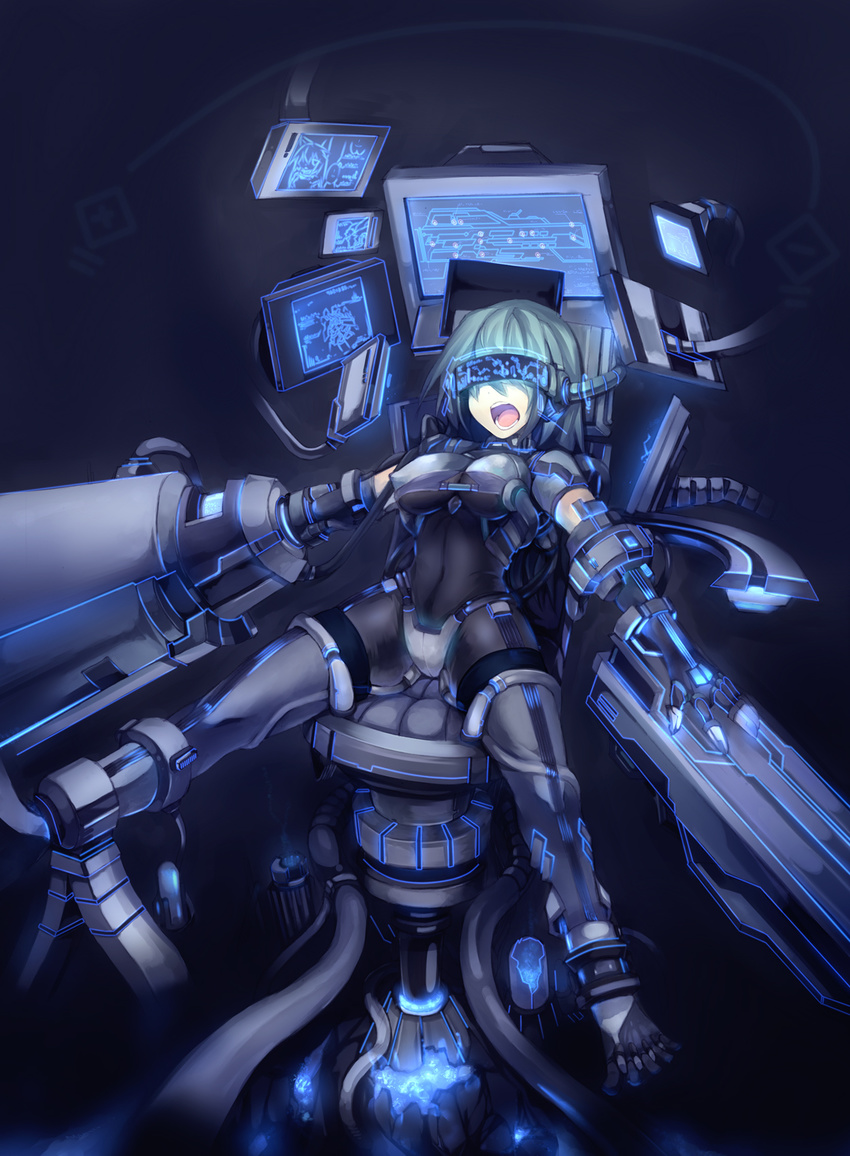 blue bodysuit breasts head_mounted_display highres mamuru medium_breasts open_mouth original restrained solo stationary_restraints