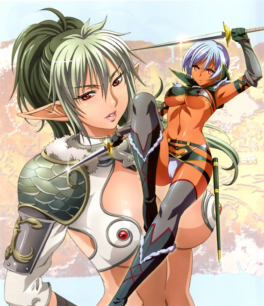 2girls absurdres arm_up armor armpits breasts cleavage dark_skin dual_wielding echidna elf female green_hair highres hips irma lips long_hair looking_at_viewer multiple_girls navel official_art panties parted_lips pink_eyes pointy_ears ponytail queen's_blade queen's_blade red_eyes rin-sin short_hair silver_hair snake sword thighhighs underboob underwear weapon