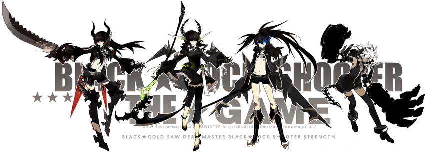 amputee black_gold_saw black_rock_shooter black_rock_shooter_(character) black_rock_shooter_(game) blue_eyes boots dead_master green_eyes highres horns king_saw multiple_girls red_eyes scythe shorts starshadowmagician strength_(black_rock_shooter) sword tail thigh_boots thighhighs weapon white_eyes
