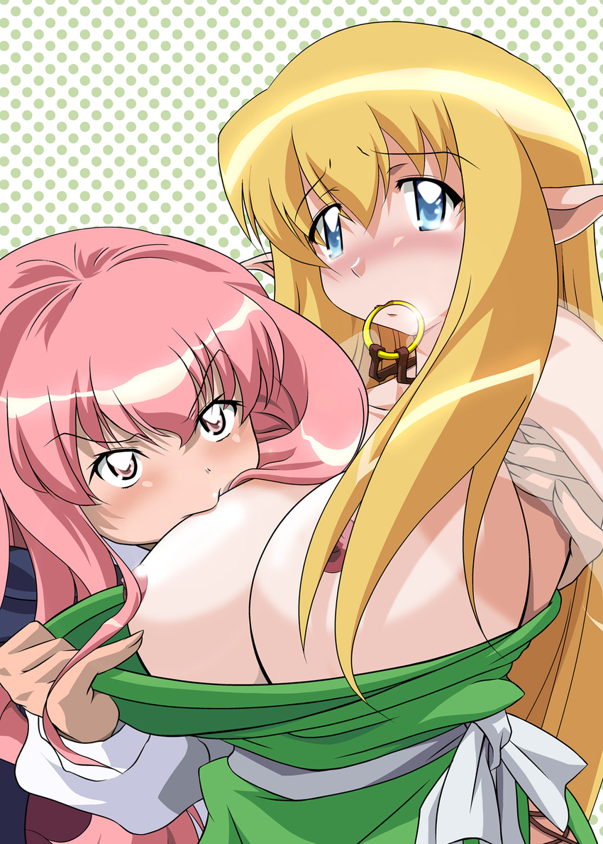 artist_request blonde_hair blush breast_biting breast_envy breasts elf eyes highres huge_breasts long_hair louise_francoise_le_blanc_de_la_valliere mouth_hold multiple_girls pink_eyes pink_hair pointy_ears tiffania_westwood yuri zero_no_tsukaima