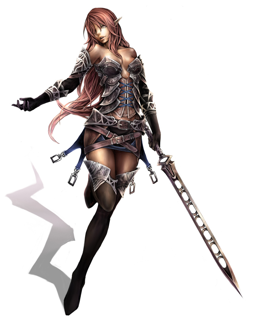 armor bare_shoulders corset elf gloves highres leg_lift lips long_hair nabe_(crow's_head) original pointy_ears red_hair simple_background solo standing standing_on_one_leg sword weapon