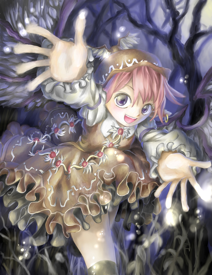 animal_ears bad_id bad_pixiv_id bare_tree black_legwear dress earrings foreshortening frilled_dress frills hat highres jewelry kneehighs long_sleeves mystia_lorelei nagayo night open_mouth outstretched_hand pink_hair purple_eyes short_hair solo thighhighs touhou tree wings