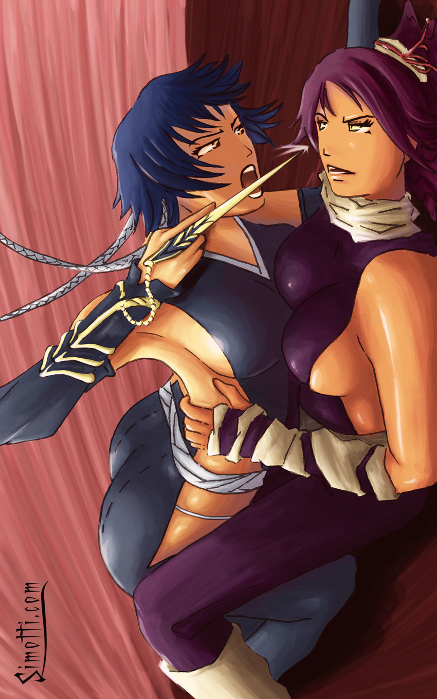 2girls ass big_breasts bleach braid breasts dark_skin flat_chest highres large_breasts long_hair multiple_girls open_mouth purple_hair shihouin_yoruichi small_breasts soifon sui-feng twin_braids weapon yellow_eyes