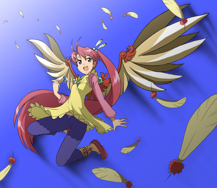 1girl feathers female highres kozeri_ai live_on_cardliver_kakeru ponytail red_hair