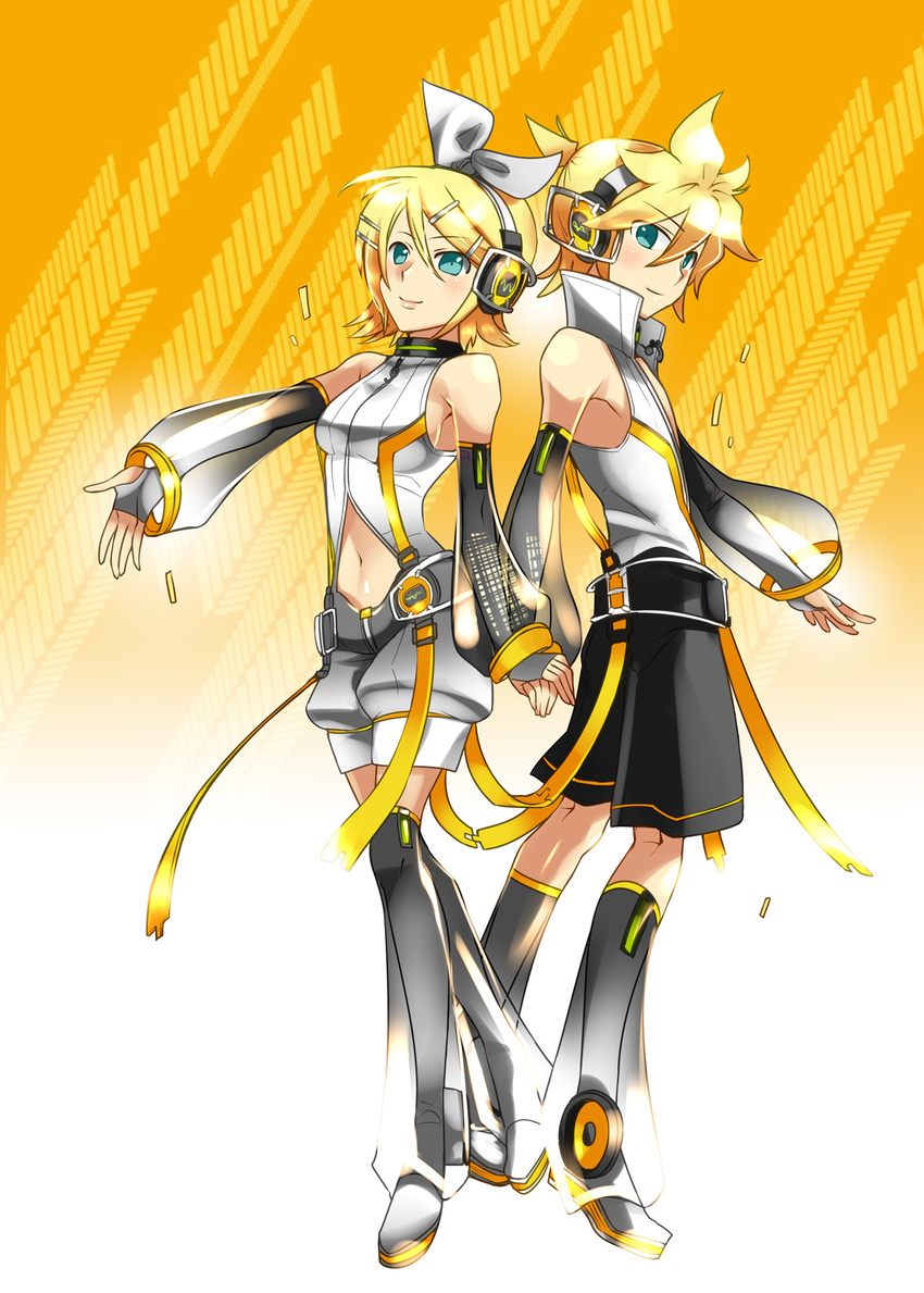 1girl aqua_eyes arm_warmers blonde_hair boots breasts brother_and_sister caffein detached_sleeves hair_ornament hair_ribbon hairclip headphones highres kagamine_len kagamine_len_(append) kagamine_rin kagamine_rin_(append) large_breasts leg_warmers navel ribbon short_hair shorts siblings sideboob smile thigh_boots thighhighs twins vocaloid vocaloid_append