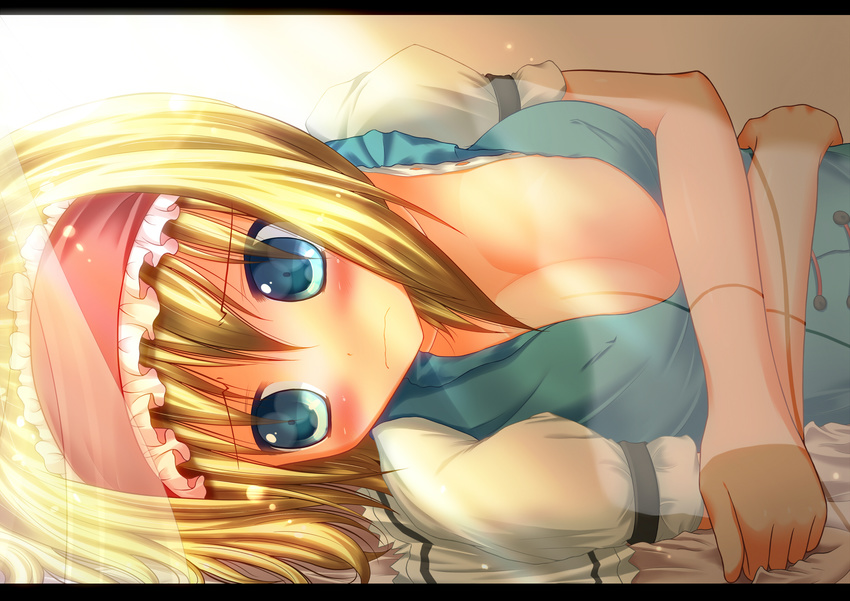 alice_margatroid blonde_hair blue_eyes blush breasts cleavage hairband highres large_breasts lying no_bra on_side short_hair solo touhou yuzutei