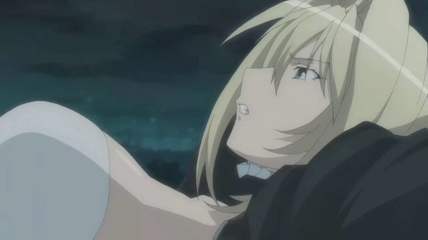 angry arms_up blonde_hair blue_eyes breasts choker clenched_teeth large_breasts long_hair lying night screencap sekirei sideboob sky solo tsukiumi