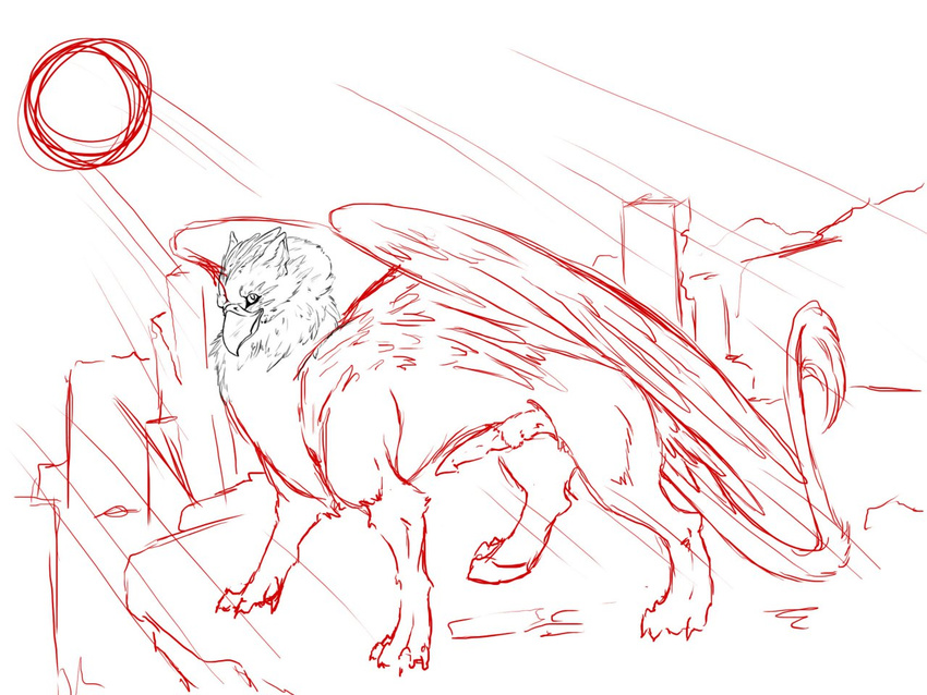 feral gryphon line_art male monochrome penis plain_background quicksaberflash red_and_white sketch solo tail white_background wings
