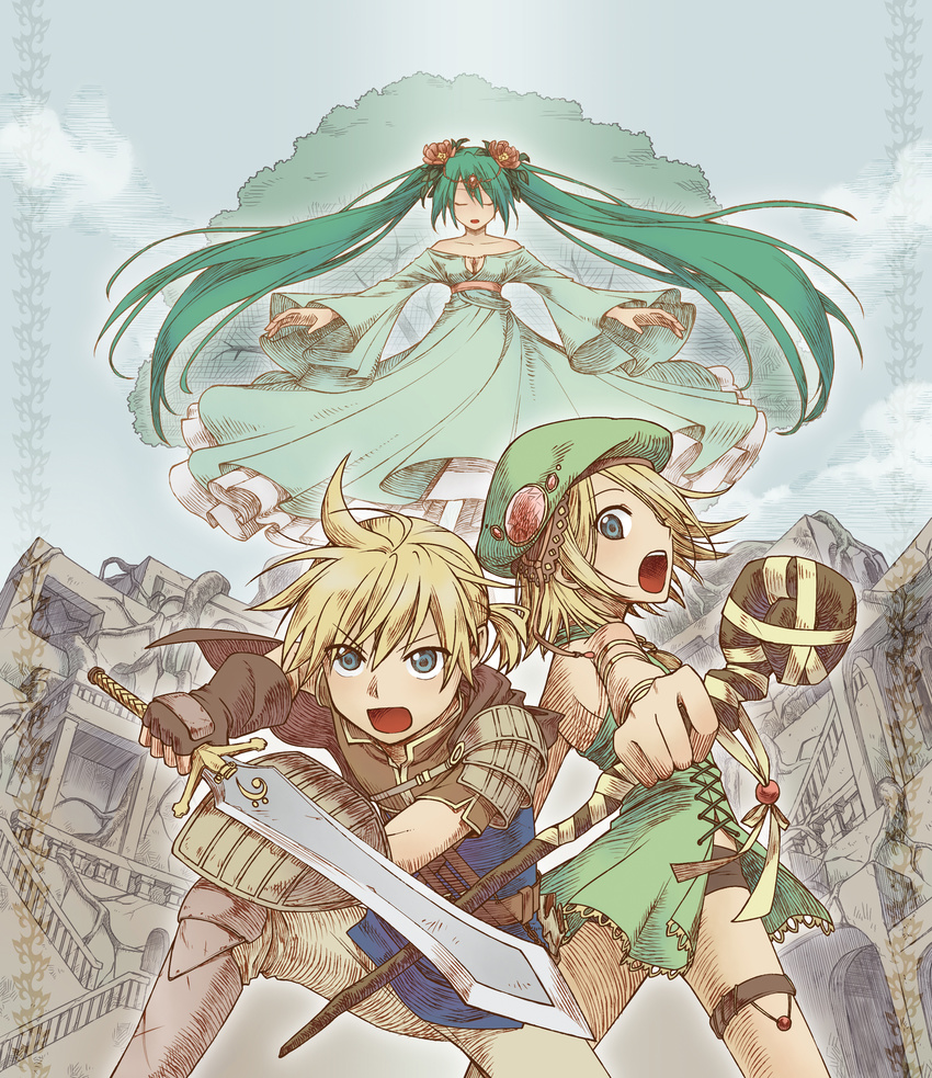 2girls blonde_hair closed_eyes dress fingerless_gloves floating_hair flower gloves green_hair hair_flower hair_ornament hat hatsune_miku highres junji kagamine_len kagamine_rin kneeling long_hair multiple_girls open_mouth ruins shield sword twintails very_long_hair vocaloid wand weapon