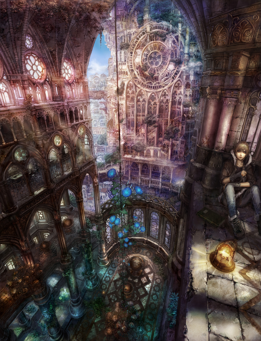 absurdres architecture blonde_hair blue_eyes book church coat flower globe gloves gothic_architecture highres indoors light_rays male_focus munashichi original overgrown perspective scenery sitting solo sunbeam sunlight