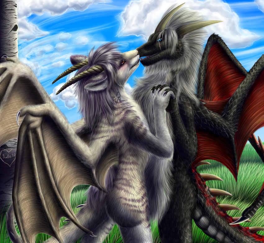 anthro aurali black blue_eyes blush butt claws couple day dragon drake-lord duo eye_contact female grass hair hand_holding horn horns hybrid looking_at_each_other male mammal markings mouse multi-colored_body nude nuzzle orange_eyes outside purple purple_hair ratte red red_eyes red_markings rodent scalie sky spines standing tail tattoo teeth white white_hair wings