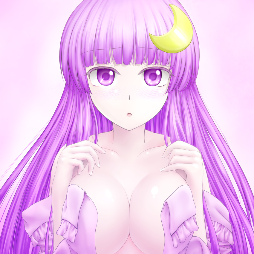 bare_shoulders breasts cleavage crescent crescent_hair_ornament hair_ornament highres large_breasts long_hair no_bra off_shoulder patchouli_knowledge purple_eyes purple_hair solo touhou y2