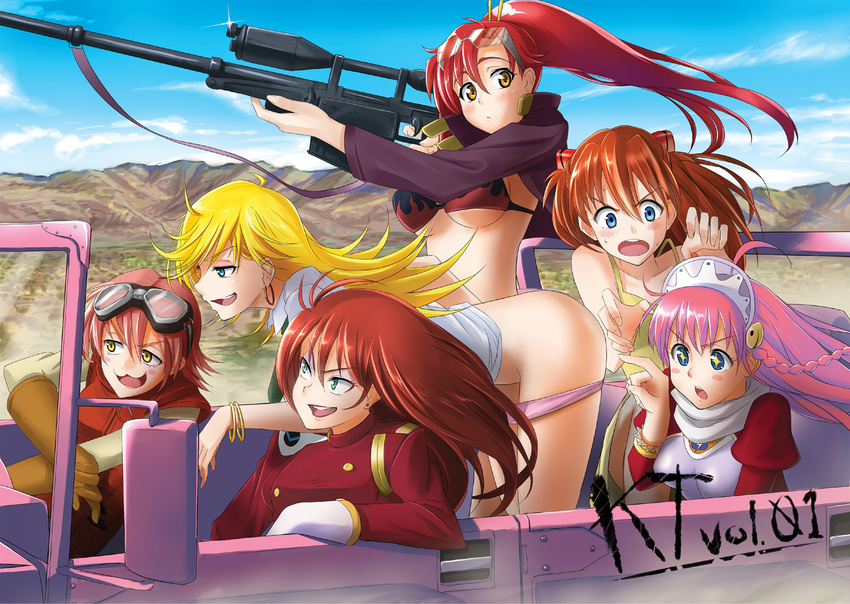 6+girls :3 ahoge anti-materiel_rifle bikini_top blonde_hair blue_eyes blush_stickers bracelet braid car company_connection earrings flcl fushigi_no_umi_no_nadia gainax goggles grandis_granva green_eyes ground_vehicle gun hair_ornament haruhara_haruko jewelry lipstick long_hair makeup motor_vehicle multiple_girls neon_genesis_evangelion nono_(top_wo_nerae_2!) orange_eyes panties panty_&amp;_stocking_with_garterbelt panty_(psg) panty_pull pink_hair ponytail red_hair rifle see-through_(psg) short_hair sniper_rifle souryuu_asuka_langley sweat takebi tengen_toppa_gurren_lagann top_wo_nerae_2! underwear weapon yellow_eyes yoko_littner