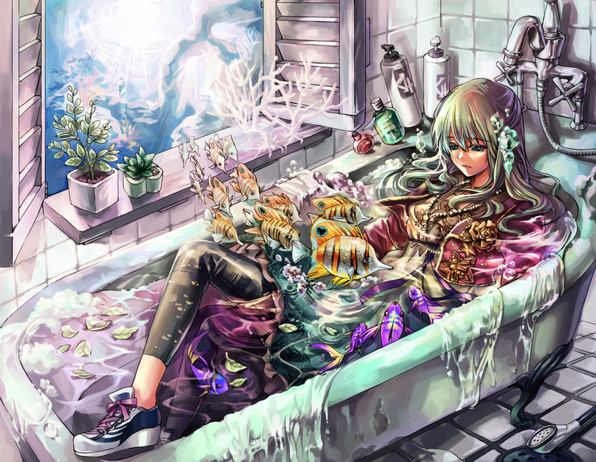 bad_id bad_pixiv_id bathroom bathtub blonde_hair blue_eyes bottle bubble claw_foot_bathtub coral faucet fish flower jeya leaf long_hair original plant potted_plant resting rose shampoo shoes sneakers solo surreal water window yellow_flower yellow_rose