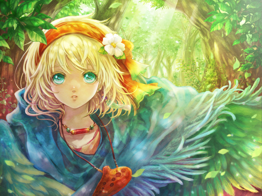 aqua_eyes blonde_hair chiko_(d04099) earrings feathers flower forest green_eyes hair_flower hair_ornament hairband jewelry leaf nature necklace original poncho short_hair solo sunlight tree wind