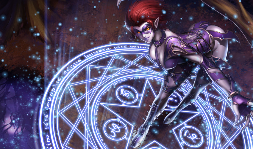 evelynn fingernails league_of_legends long_fingernails magic_circle mask official_art pointy_ears red_hair sharp_fingernails solo white_skin yellow_eyes