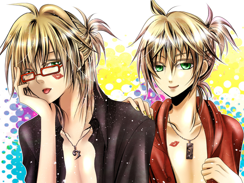 :p blonde_hair dual_persona glasses green_eyes jewelry kagamine_len kinoto lipstick_mark male male_focus nail_polish necklace open_clothes open_shirt ponytail shirt smile spice!_(vocaloid) tongue tongue_out vocaloid