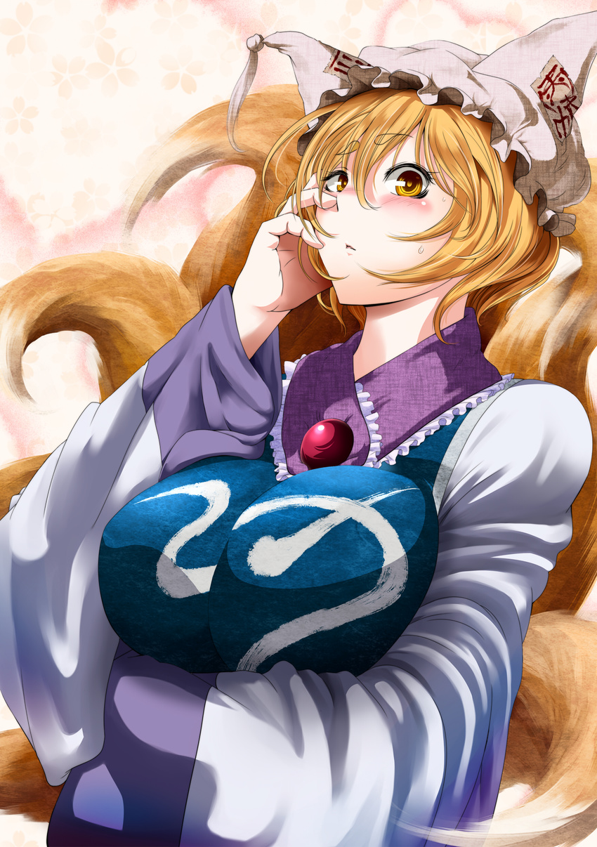 absurdres blonde_hair blush breasts brown_eyes eyebrows face fox_tail hand_on_own_cheek hand_on_own_face hands hat highres large_breasts looking_at_viewer multiple_tails ringed_eyes short_hair solo sweatdrop tail touhou upper_body yakumo_ran yana_(nekoarashi) yellow_eyes
