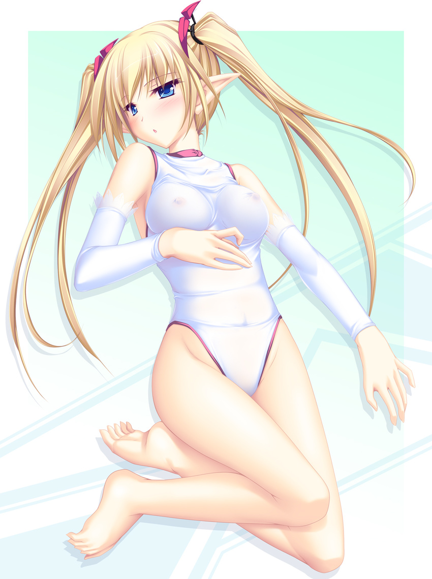 barefoot blonde_hair blue_eyes blush breasts covered_nipples detached_sleeves elf feet hands highres large_breasts leotard long_hair original pointy_ears see-through solo tenmaso twintails
