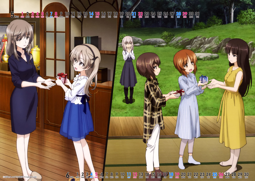 6+girls :d absurdres animal_slippers back_bow bangs black_dress black_footwear black_skirt blue_skirt blunt_bangs book bow brown_eyes brown_hair brown_legwear calendar_(medium) collar covering_mouth dress eyebrows_visible_through_hair frilled_collar frilled_dress frills gift girls_und_panzer grass grey_legwear hair_ribbon hairband highres holding holding_gift indoors itsumi_erika long_hair looking_at_another medium_hair mother's_day mother_and_daughter multiple_girls nishizumi_maho nishizumi_miho nishizumi_shiho official_art open_mouth pants pantyhose plaid plaid_shirt ribbon rock scan see-through shimada_arisu shimada_chiyo shirt skirt sleeveless sleeveless_dress slippers smile socks standing striped striped_dress tatami trophy twintails vertical_stripes white_pants white_shirt wooden_floor yellow_dress