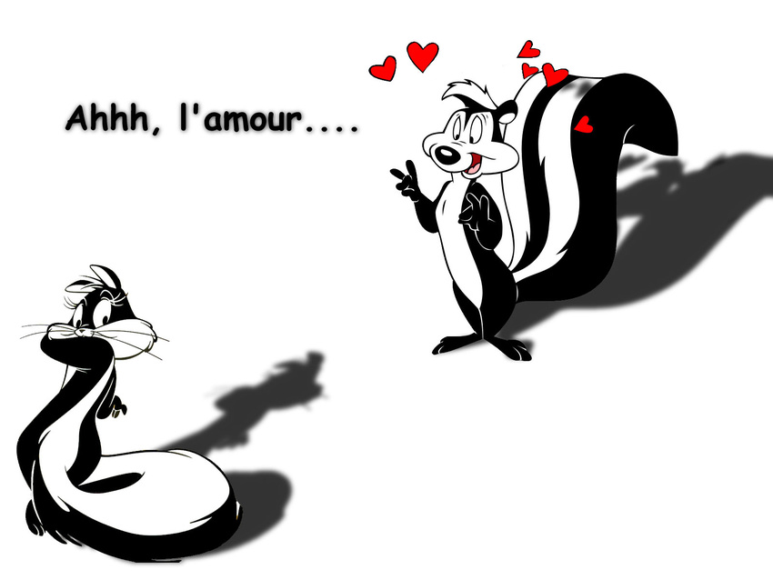 &hearts; 1600x1200 4:3 cat couple feline female french_text looking_at_viewer love male penelope_pussycat pepe_le_pew pose shadow skunk smile standing unknown_artist wallpaper white_background