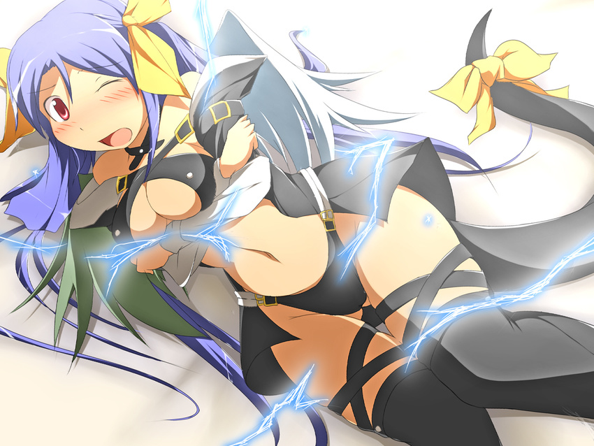 asymmetrical_wings black_legwear blue_hair blush bow breasts cleavage dizzy electricity guilty_gear hair_ribbon large_breasts long_hair mirano navel one_eye_closed open_mouth red_eyes ribbon solo tail tail_ribbon thighhighs underboob wings