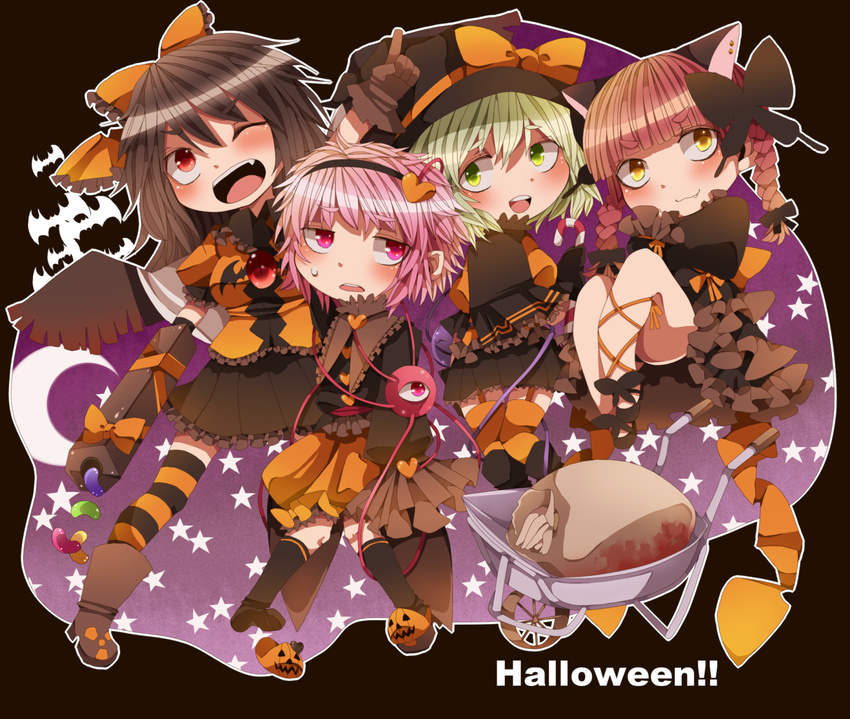 animal_ears arm_cannon black_hair bow braid cat_ears cat_tail eyeball green_eyes green_hair hair_bow hairband halloween hat hat_ribbon heart highres kaenbyou_rin komeiji_koishi komeiji_satori long_hair lossy-lossless multiple_girls purple_hair red_eyes reiuji_utsuho ribbon short_hair slippers sun_hat tail third_eye touhou twin_braids weapon wings