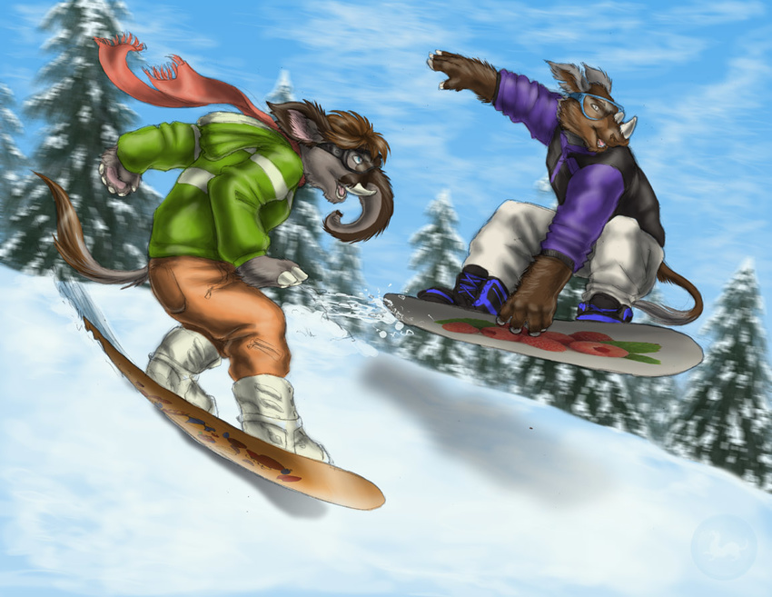 blue_eyes brown_eyes brown_hair elephant eyewear fruit goggles hair male mammal mammoth notch raspberry rhino rhinoceros sabretoothed_ermine scarf snow snowboard snowboarding tail tartuffe winter