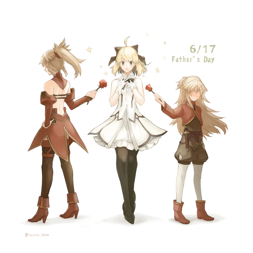 3girls artoria_pendragon_(all) backless_outfit black_bow black_legwear black_ribbon blonde_hair blush boots bow brown_shorts choker detached_sleeves dress fate_(series) father's_day full_body hair_bow hair_ornament hair_over_eyes hair_scrunchie hand_on_hip high_heel_boots high_heels high_ponytail highres long_hair long_sleeves mordred_(fate) mordred_(fate)_(all) multiple_girls neck_ribbon red_footwear red_scrunchie red_sleeves ribbon saber_lily scrunchie short_dress shorts simple_background sleeveless sleeveless_dress standing strapless strapless_dress thighhighs touru_10ru white_background white_dress