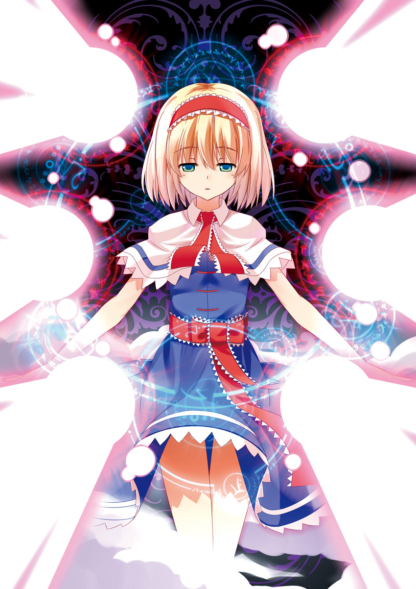 alice_margatroid blonde_hair blue_eyes capelet danmaku dinyc hairband highres laser magic_circle outstretched_arms ribbon short_hair solo spread_arms touhou