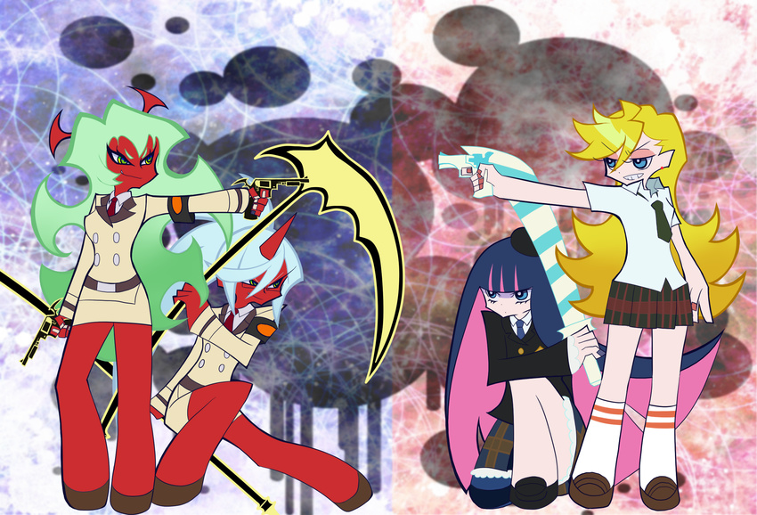 back_lace double_gold_lacytanga double_gold_spandex gun highres kneesocks_(character) kneesocks_(psg) panty_&amp;_stocking_with_garterbelt panty_(character) panty_(psg) scanty scanty_(psg) scythe stocking_(character) stocking_(psg) stripes_i_&amp;_ii sword weapon