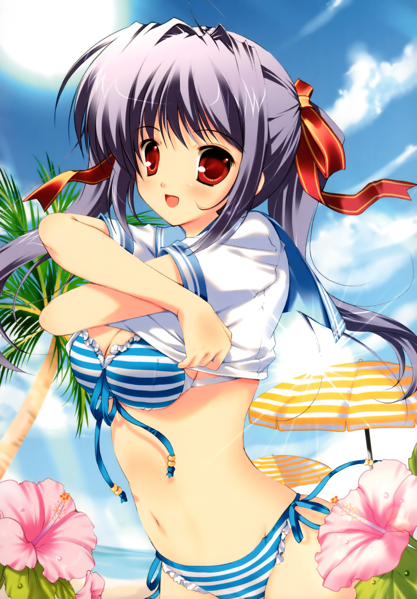 :d absurdres ahoge beach bikini bikini_under_clothes blue_hair breasts cleavage cloud copyright_request crossed_arms day flower frilled_bikini frills front-tie_top hair_intakes hair_ribbon hibiscus highres lens_flare light_rays long_hair medium_breasts mikeou navel no_pants open_mouth outdoors parasol red_eyes ribbon school_uniform serafuku shirt_lift side-tie_bikini sky smile solo striped striped_bikini sun sunbeam sunlight swimsuit swimsuit_under_clothes twintails umbrella undressing water