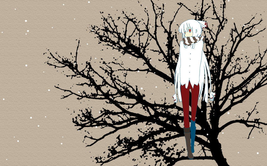 alternate_costume boots bow casual dress_shirt fujiwara_no_mokou hair_between_eyes hair_bow hair_ornament hair_ribbon hands_in_pockets highres long_hair monochrome pants red_eyes ribbon scarf sepia_background shirt snow snowing solo standing striped striped_scarf touhou tree uro very_long_hair walking wallpaper winter