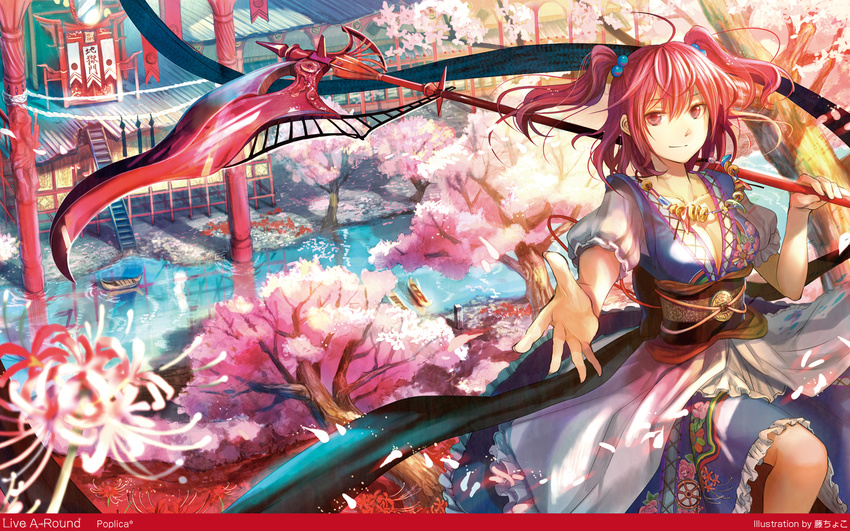 architecture boat cherry_blossoms east_asian_architecture flower foreshortening fuji_choko hair_bobbles hair_ornament highres jewelry light_smile looking_at_viewer necklace onozuka_komachi outstretched_arm outstretched_hand petals red_eyes red_hair river sanzu_river scythe short_hair solo spider_lily touhou tree two_side_up wallpaper water watercraft