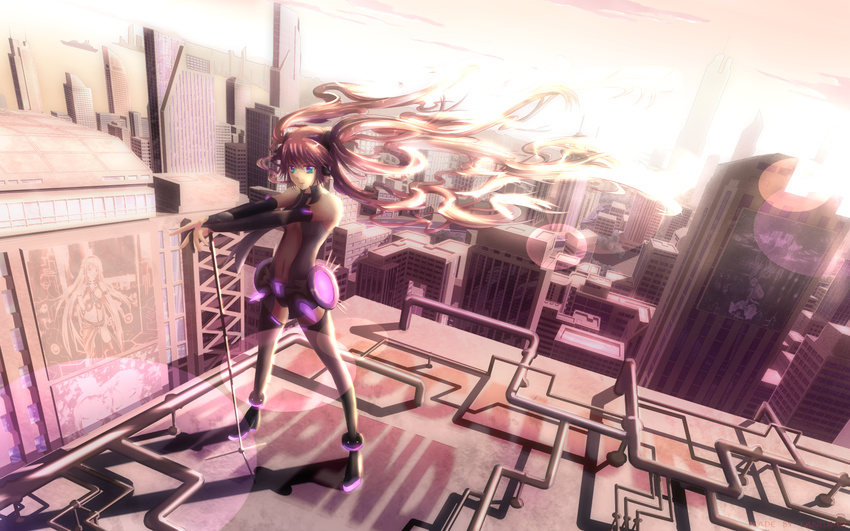 aqua_eyes backlighting bad_id bad_pixiv_id boots bridal_gauntlets city cityscape hatsune_miku hatsune_miku_(append) highres kagamine_len kagamine_rin langjiao long_hair megurine_luka navel necktie pink_hair rooftop solo thigh_boots thighhighs twintails very_long_hair vocaloid vocaloid_append