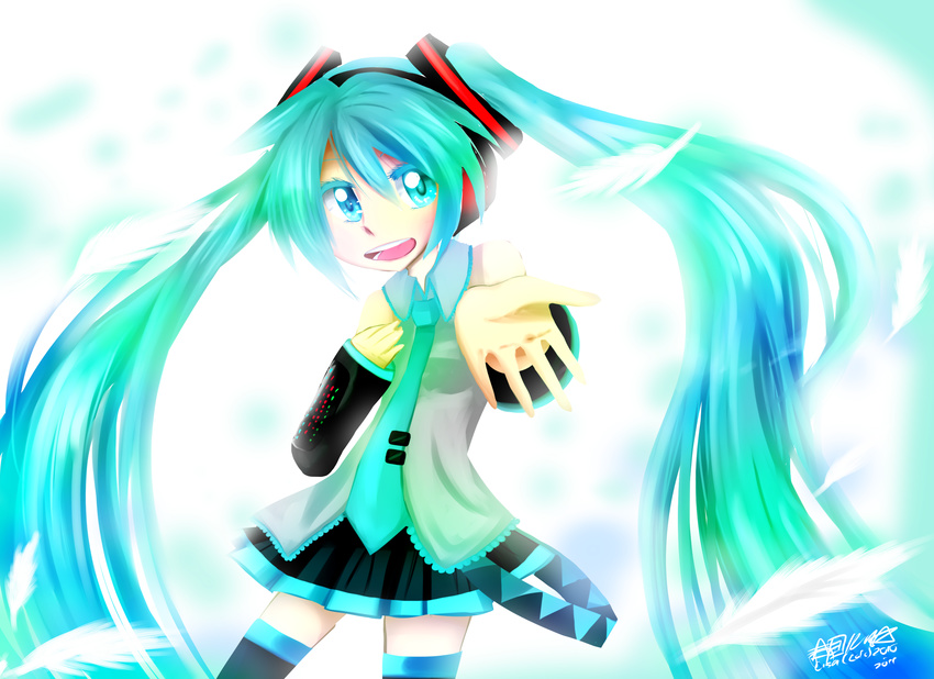 blue_eyes feathers hatsune_miku long_hair pigtails turquoise_eyes turquoise_hair vocaloid2