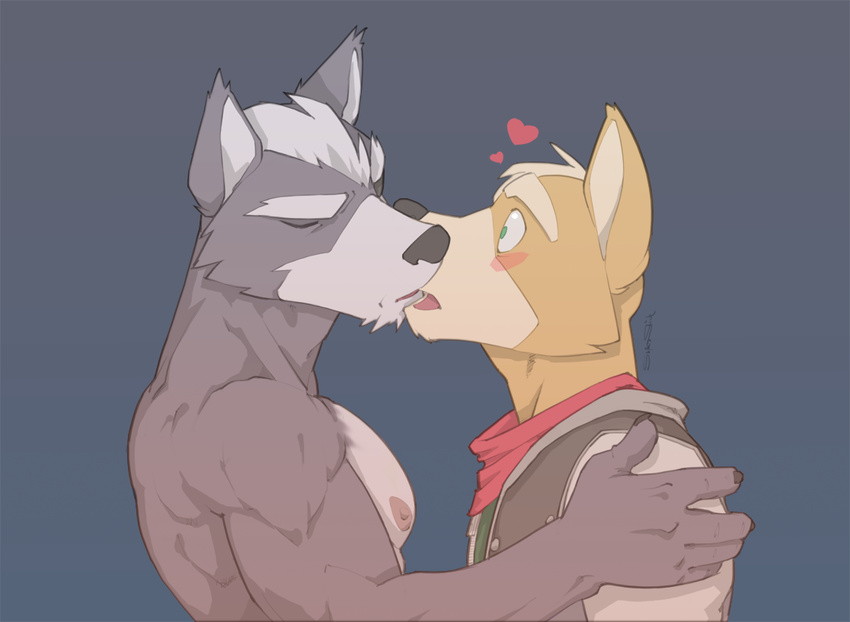 &hearts; animals blush canine couple duo eyes_closed fox fox_mccloud gay grey_background kissing male mammal nintendo nipples open_mouth plain_background star_fox superslickslasher topless video_games wolf wolf_o'donnell wolf_o'donnell