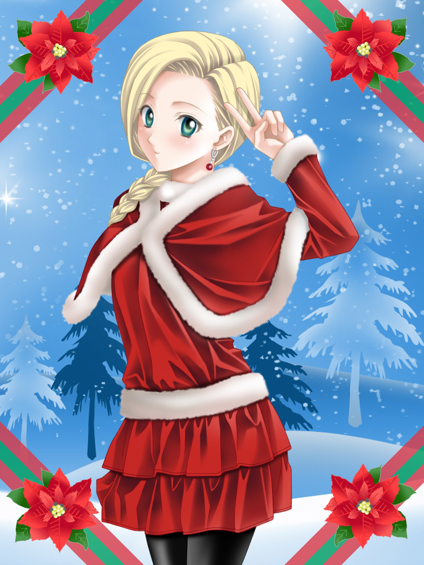 bad_id bad_pixiv_id bianca black_legwear blonde_hair blue_eyes blush braid capelet christmas dragon_quest dragon_quest_v earrings flower hair_over_shoulder highres jewelry long_hair pantyhose poinsettia santa_costume single_braid skirt smile snow tamamon tree v